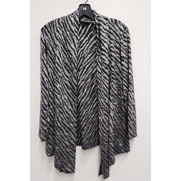 Chico's Sweaters - Chicos Womens Cardigan Small Black Gray Zebra Stripe Open Front Asymmetric